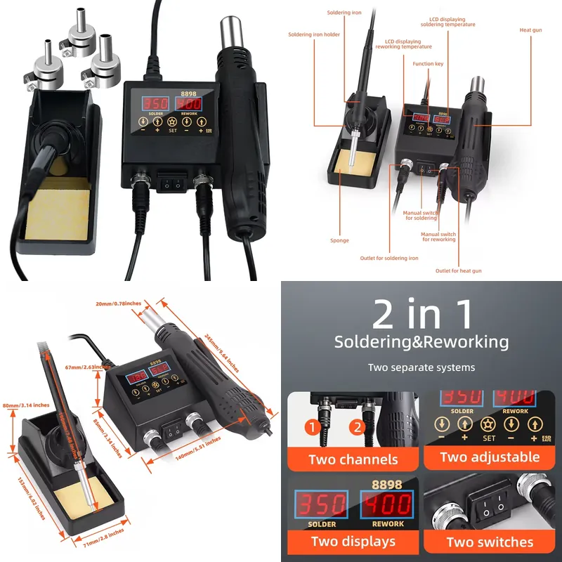 Smd Rework Station Hot Air Soldering 2 In 1 - 60W LED Digitaal Display Hetelucht Soldeerstation