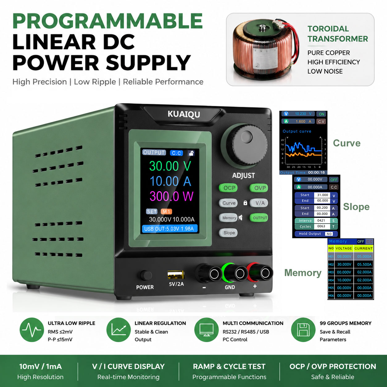 Programmable Linear Dc Power Supply 30V 10A - Geluidsarme lineaire DC-voeding 30V 10A Programmeerbare